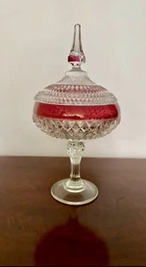 VTG. Indiana Glass? Diamond Point w/Cranberry Stain Lidded Candy Dish *RARE - Picture 1 of 16