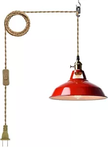 Vintage Plug-in Pendant Light with Red Barn Shade Adjutable Hanging Cord - Picture 1 of 7
