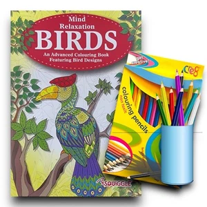 Birds BOOK Advanced COLOURING  MIND RELAXING Adult Colour Therapy  + 18 Pencils - Imagen 1 de 9