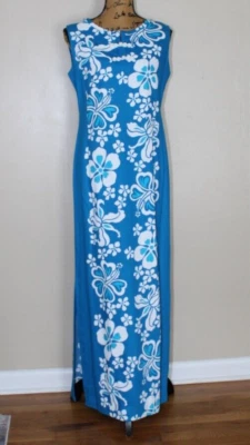 Vtg Sears Hawaiian Fashions Blue White Hibiscus Barkcloth Maxi Dress Women's M/L - Image 1 of 4