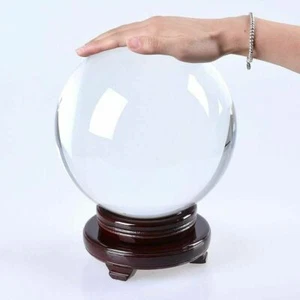 HONGVILLE New Clear Crystal Ball Sphere Asian Quartz with Wooden Stand and Gift - Picture 1 of 15
