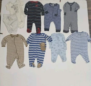 Baby Boy Sleepers 0-3 Months Lot 9 Full Zip Or Snap Foot Or Unfooted Mtl Brand - Picture 1 of 6