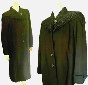 Late 1940s Inky Black Wool Coat, Fabulous Persian Lamb Collar, Excellent, L -XL - Picture 1 of 8