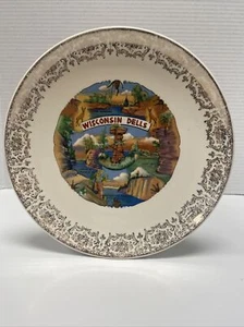 Vintage Wisconsin Dells Souvenir Plate Gold Border Colorful 9” - Picture 1 of 7