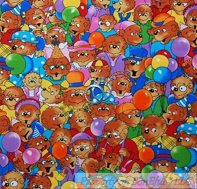 BonEful Fabric FQ Cotton Quilt Rainbow Bearenstain BEAR Family Balloon Birthday - Image 1 of 4