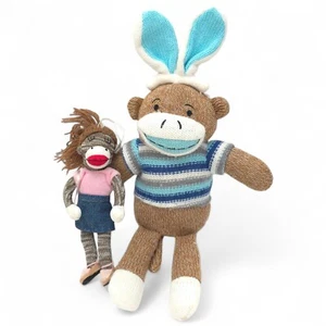 Lot of 2 Dandee Heather Knit Sock Monkey Bunny And Mini Female w/Purse Plush - Picture 1 of 6
