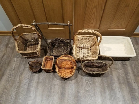 Huge Lot of 9 Various Storage Organizing Wicker Baskets  with extra paper grass Cover