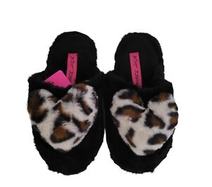 Betsey Johnson Cheetah Leopard Heart Black Slippers Mules S 5/6  $29 NEW
