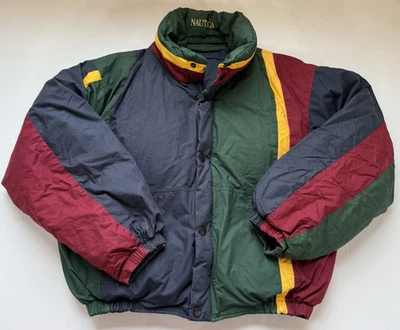 Vintage Nautica Jacket Mens Navy Yellow Colorblock Reversible Puffer 90s Medium - Image 1 of 4