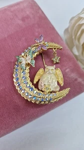 Kirks Folly Moon and Cat Brooch gold tone enamel Rhinestone VGC  - Picture 1 of 13