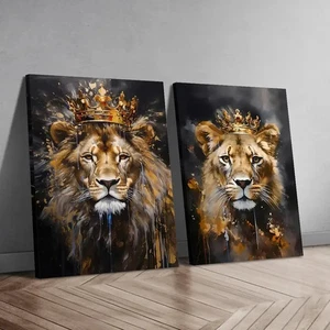 2pcs King & Queen Lions with Crowns Wall Art Canvas Unframed - Bild 1 von 6