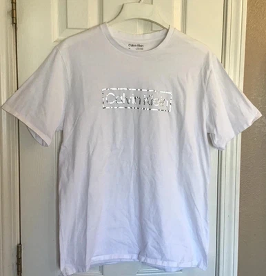 Calvin Klein Shirt Mens Large Silver Spell Out Logo Basic Minimal Crew Neck  - Image 1 of 4