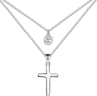 Collana Croce Donna, Catena a Doppio Strato in Argento Sterling 925 Con Zirconi  - Immagine 1 di 4