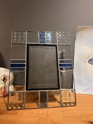 Vintage Leaded Stained Glass Photo Frame Cobalt Blue Clear 3.5X5 Tabletop Velvet - Image 1 of 4