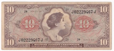 Vietnam Military Payment Certificate 10 Dollars Series 641 Serial # J 02229467 J - Image 1 of 2