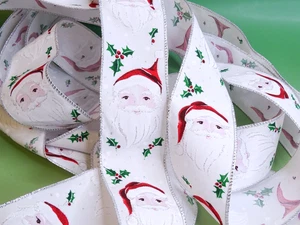 Kirkland Wire-Edged Santa Christmas White Glitter Face Ribbon 2.5" x 6 yards C - Picture 1 of 4