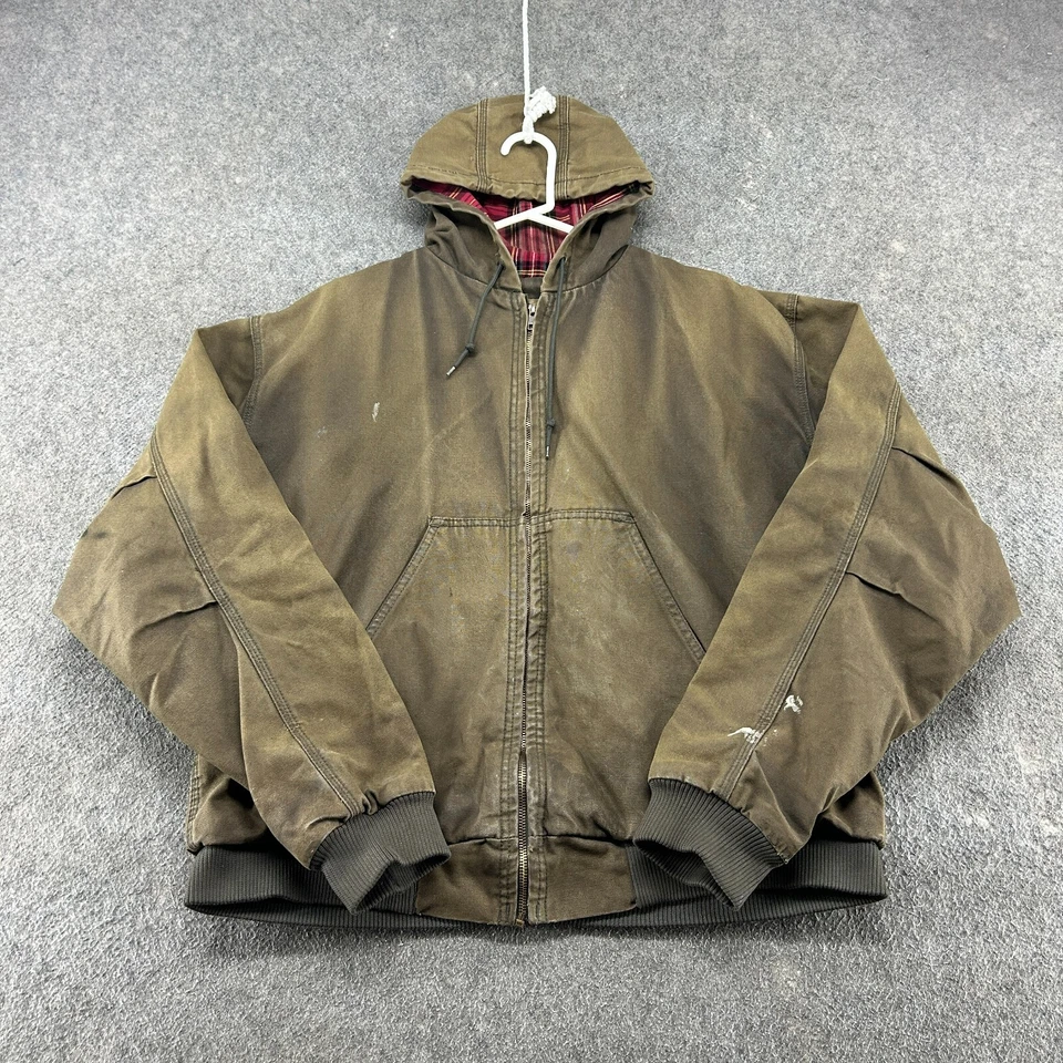 Schmidt Jacket Mens L Green Flannel Lined Hooded Workwear Duck Canvas Sun Faded - Image 1 of 4