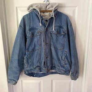 Vintage 90s Heavy Denim Jacket W/ Gray Hoodie Sweatshirt Grunge Women’s L - Picture 1 of 15