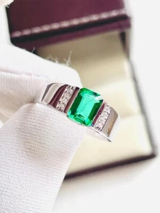 Emerald Ring 925 Sterling Silver Mens Ring Lab Grown Emerald Ring Valentine Gift - Picture 1 of 7
