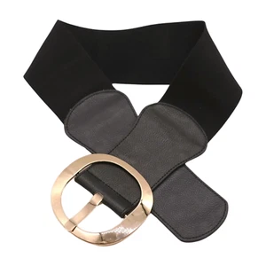 New Women Black Wide Faux Leather Elastic Chinc Fabric Belt Gold Round Buckle S - Picture 1 of 24