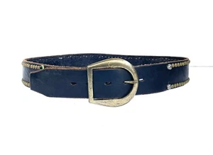 Unstamped Black Vintage Leather Belt, Small Brass, & Vintage Czech Crystals. 32 - Picture 1 of 12