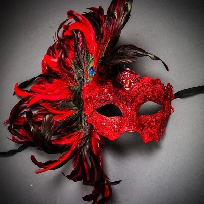 Red Venice Carnival Feather Women Mask Masquerade Venetian Mardi Gras Costume - Image 1 of 4