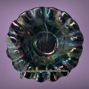 "Plato de baratija dicroico negro de vidrio artístico iridiscente hecho a mano firmado 5,5"" D" - Imagen 1 de 5