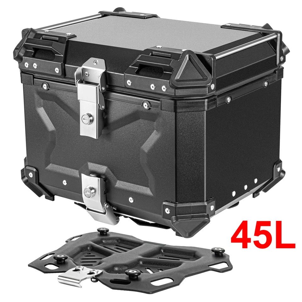 US 45L Motorcycle Top Case Tail Box Thick Aluminum Hard Trunk & Backrest Black - Image 1 of 4