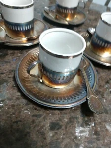 4 Porcelain Demitasse Espresso Cups Silver Plate Holders & Spoons Saucer - Picture 1 of 4