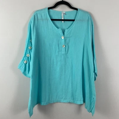 Lulu B Tunic Shirt Size XL Aqua Blue 3/4 Button Sleeves Cotton - Image 1 of 4