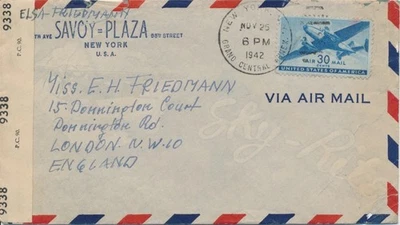 Opened by Examiner World War II Savoy Plaza NY to England Airmail #C30 30c Plane - Image 1 of 2