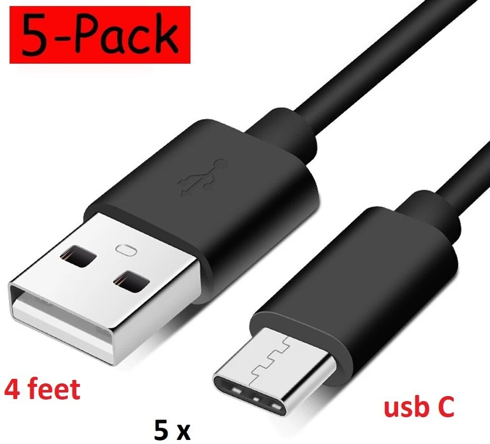 Paquete de 5 cables USB C lote cargador cable de carga 4 pies para Samsung Android carga 4' Foto 1 de 1