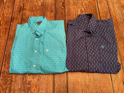 2 (lot) ARIAT men's XL blue & teal short sleeve button up Western cowboy shirt - Image 1 of 4