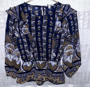 Lucky Brand Navy Blue Floral Print Tassel Tie Neck Top Size Womens Small 22x18 - Picture 1 of 4