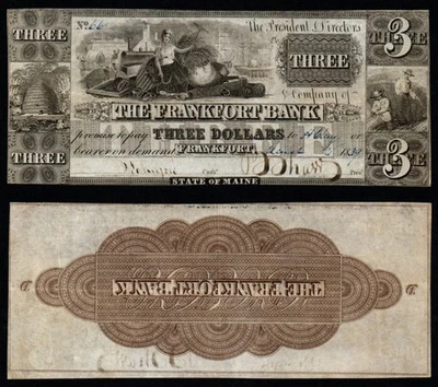 1839 $3 The Frankfort Bank, ME *INVERTED REVERSE PRINT* CRISP XF Obsolete! - Image 1 of 4