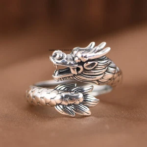 Pure S925 Sterling Silver Men Women Lucky Dragon Open Ring Us Size :8-11 - Picture 1 of 8