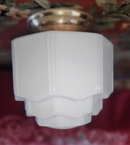 Antique Art Deco School Glass Shade Semi-Flush Chandelier Ceiling Fixture 1940's - Picture 1 of 5