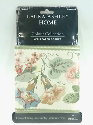 Vintage Laura Ashley Melrose Old Rose Floral Green Wallpaper Border 5yds NEW - Image 1 of 4