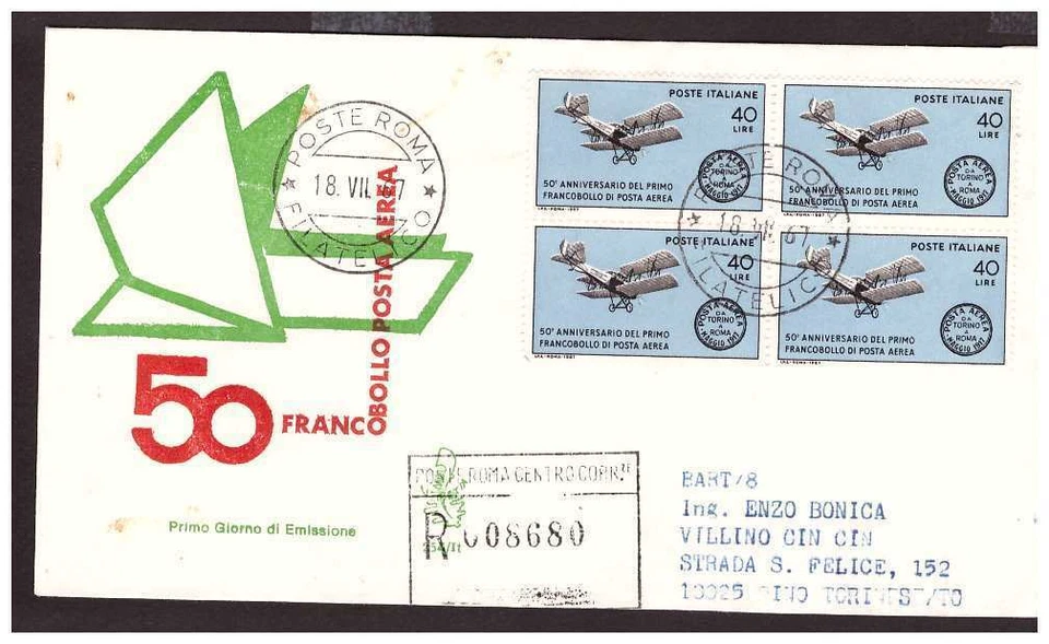 FDC Venetia Club 1967 - 50° Mail Aerea Viaggiata Racc Quartina - Image 1 of 1