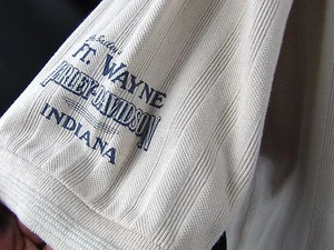 Harley Davidson Polo Shirt L Tan Ribbed Ft Wayne Indiana USA Flag Stratman - Picture 1 of 6