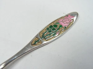 VINTAGE ROYAL NATIONAL ROSE SOCIETY SOLID SILVER AND ENAMEL PINK ROSE TEASPOON - Picture 1 of 12