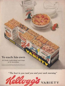 Kellogg's Cereal 1961: paquete de variedades anuncio impreso vintage - Imagen 1 de 1