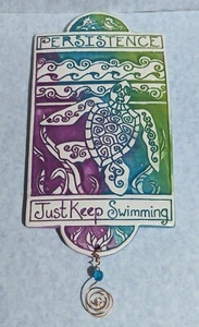 Pottery Wall Plaque - PERSISTENCE JUST KEEP SWIMMING - Turtle Tropical Clay Art - Picture 1 of 6