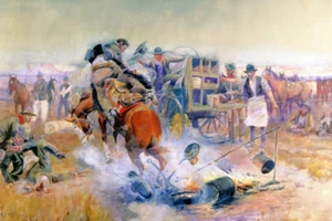 Bronc to Breakfast by Charles Marion Russell Western Giclee Print + Ships Free - Foto 1 di 4