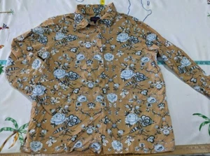  Denim Co Floral Beige & Blue Long Sleeve Button Down Blouse Sz L Bust 44" - Picture 1 of 4