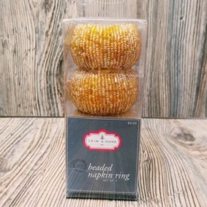 TRIM A HOME Beaded Napkin Rings Set of 4 Gold Barrel Bohemian NEW - Picture 1 of 10