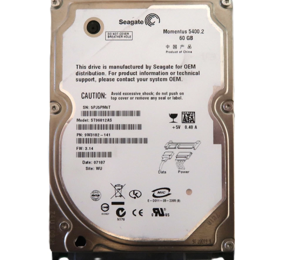 Seagate ST96812AS 9W3182-141 3.14 (5PJ) WU China 60gb 2.5" Sata HDD NOV/2006 - Image 1 of 1