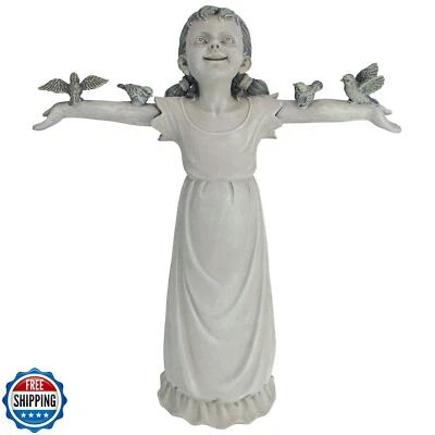 Diseño Toscano Tomando el Sol en Gloria Niña con Pájaros Exterior Jardín Estatua, Foto 1 de 4