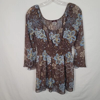 Top Jordache Mujer L Transparente Floral Babydoll Mangas Campana Túnica Boho Y2K Hada Foto 1 de 4