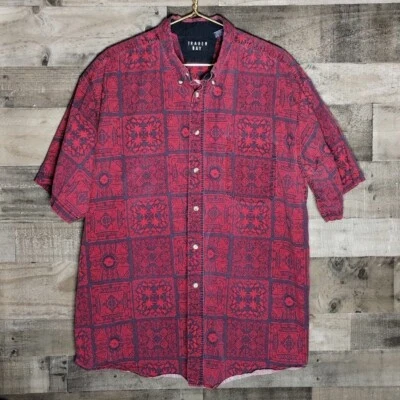 Vintage 90s Button Down Shirt Abstract Tribal Pattern Red & Blue Size XXL Tall - Image 1 of 4